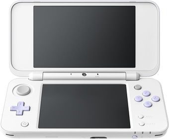 A New 2DS XL. The console is folded open, but the system is off. The buttons are lavender, the console itself is white.