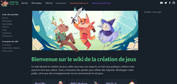 Screenshot of wiki.fairedesjeux.fr, showing a splash screen of the mascots and links to various categories about game development