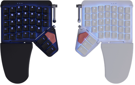A picture of the Moonlander keyboard, a two splits keyboard. The picture showcase the two coloring available, black and white