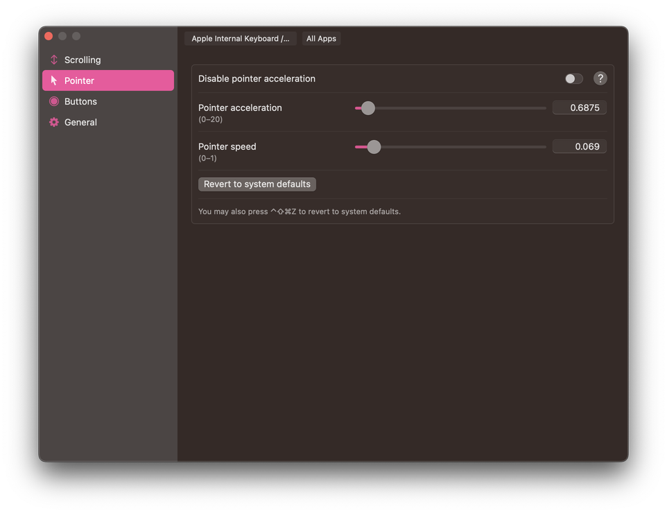 Screenshot of LinearMouse's options