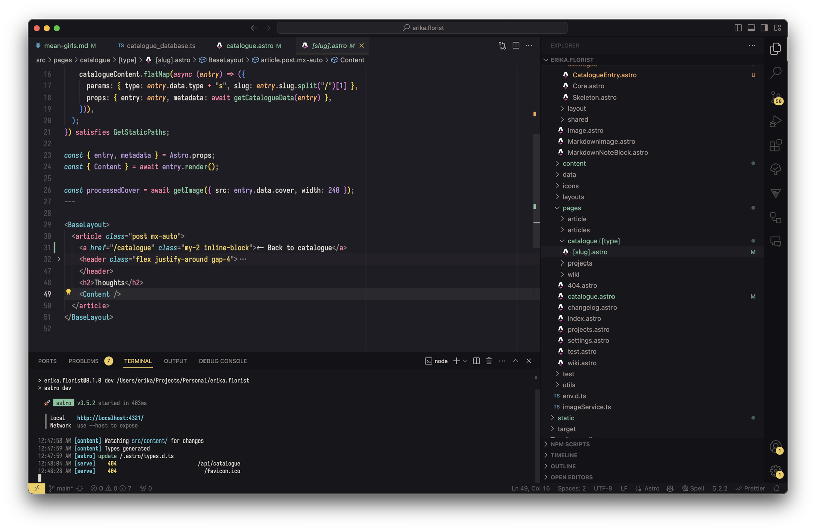 Screenshot of my VS Code setup, the color scheme is dark, the sidebar is on the right