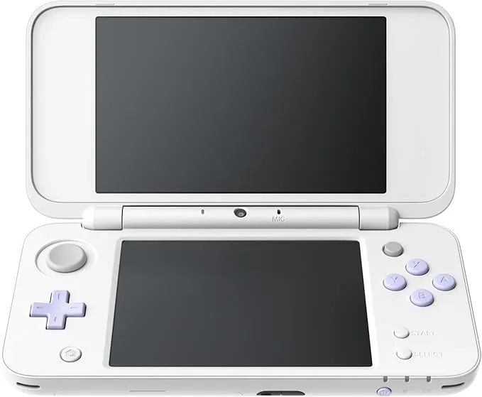 A New 2DS XL. The console is folded open, but the system is off. The buttons are lavender, the console itself is white.