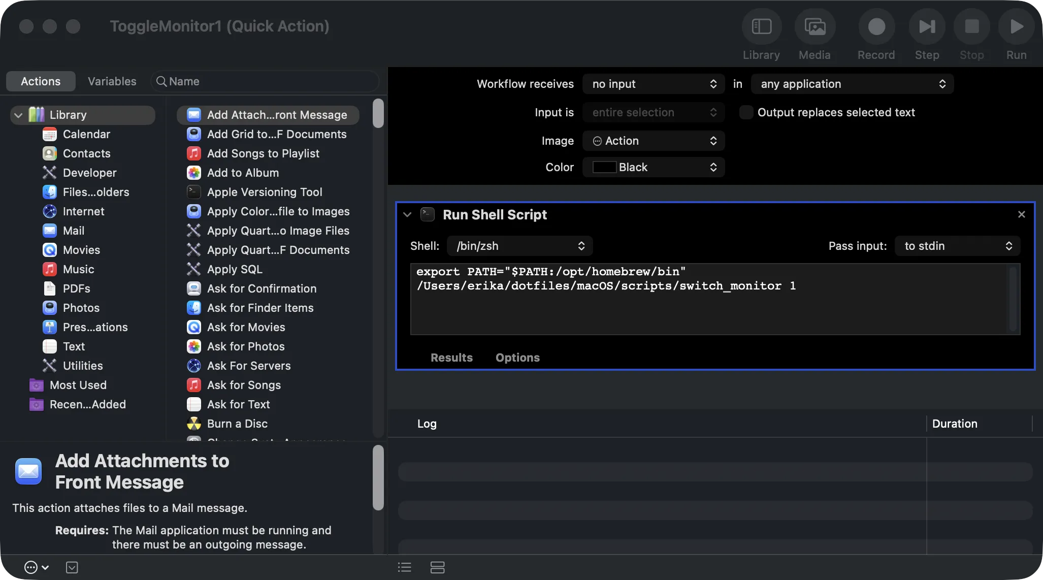 A screenshot of Automator, showing a list of possible events on the left (such as "Run a Shell Script" or "Add to Album") and on the right, a "pipeline" with for only action "Run Shell Script" that has for content a two-line script to switch monitors