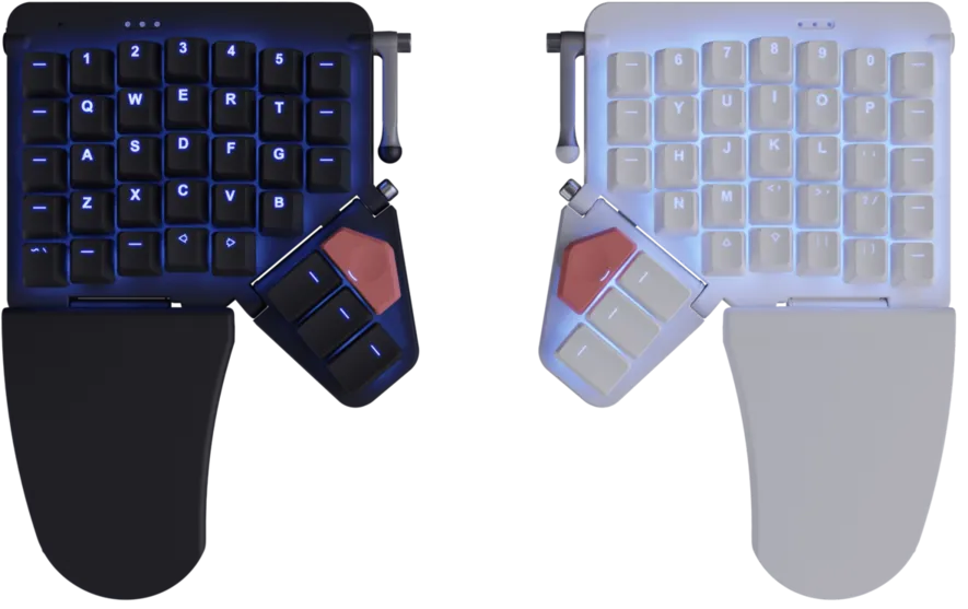 A picture of the Moonlander keyboard, a two splits keyboard. The picture showcase the two coloring available, black and white