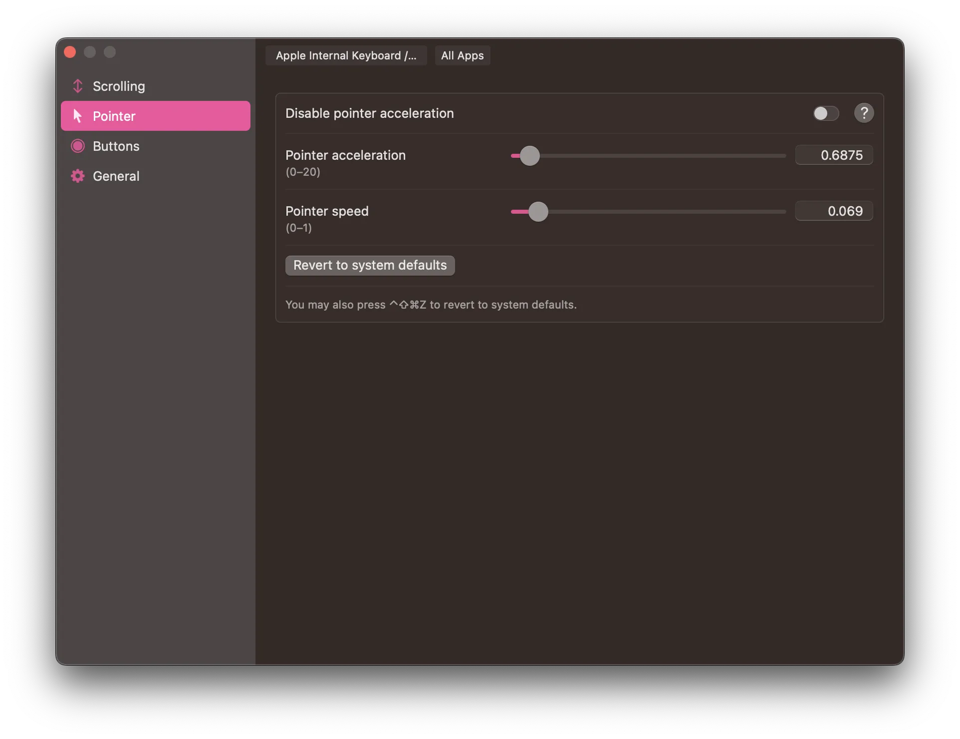 Screenshot of LinearMouse's options