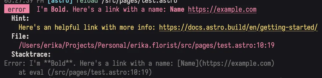 A screenshot of the Astro error overlay, showing the overall design and features such as clickable links and code highlighting.