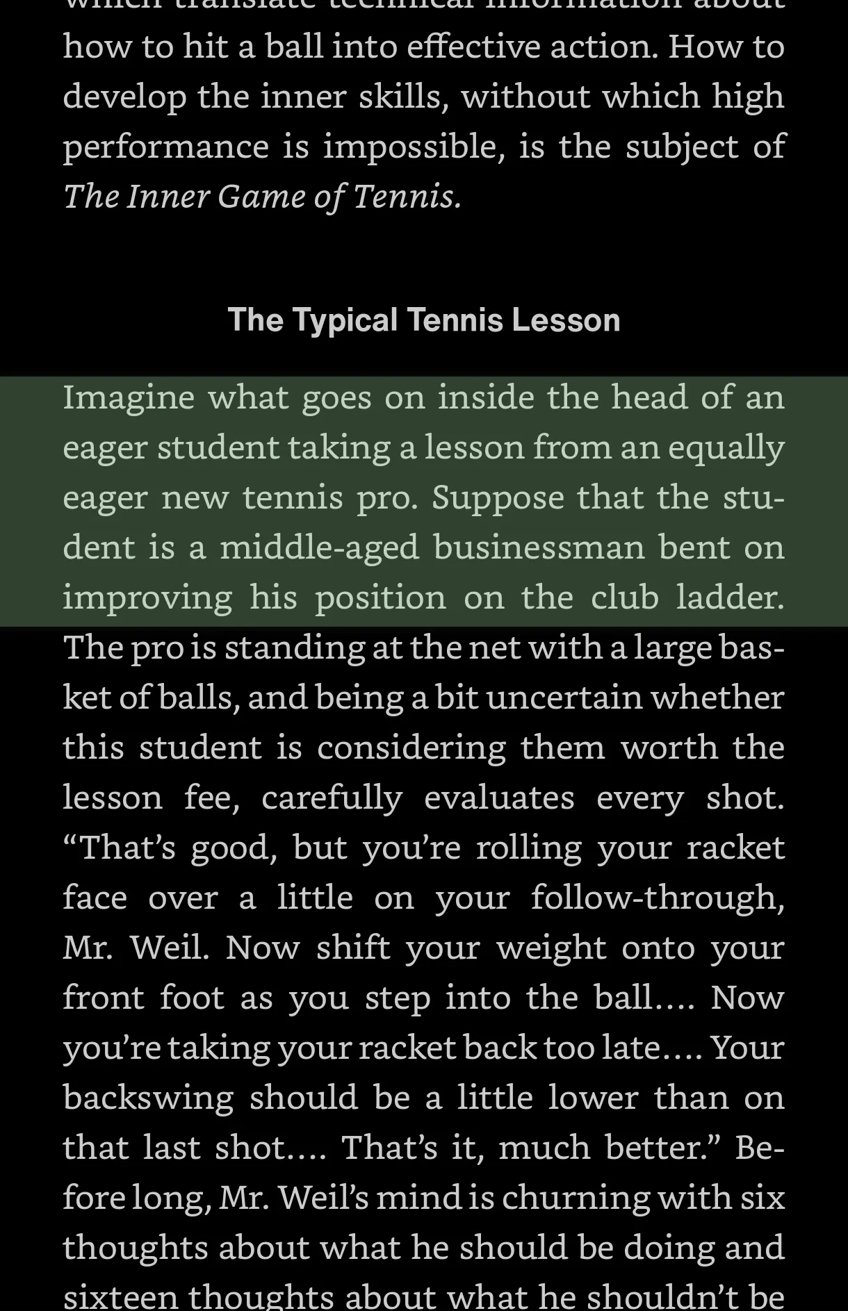 A screenshot of a book displayed in a dark-mode reading app, with one paragraph highlighted by a semi-transparent, green-tinted reading ruler.